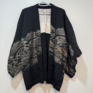 Haori Jacket Vintage‎ 50s 80s Black Gold Silver Mountain Landscape Silk Kimona